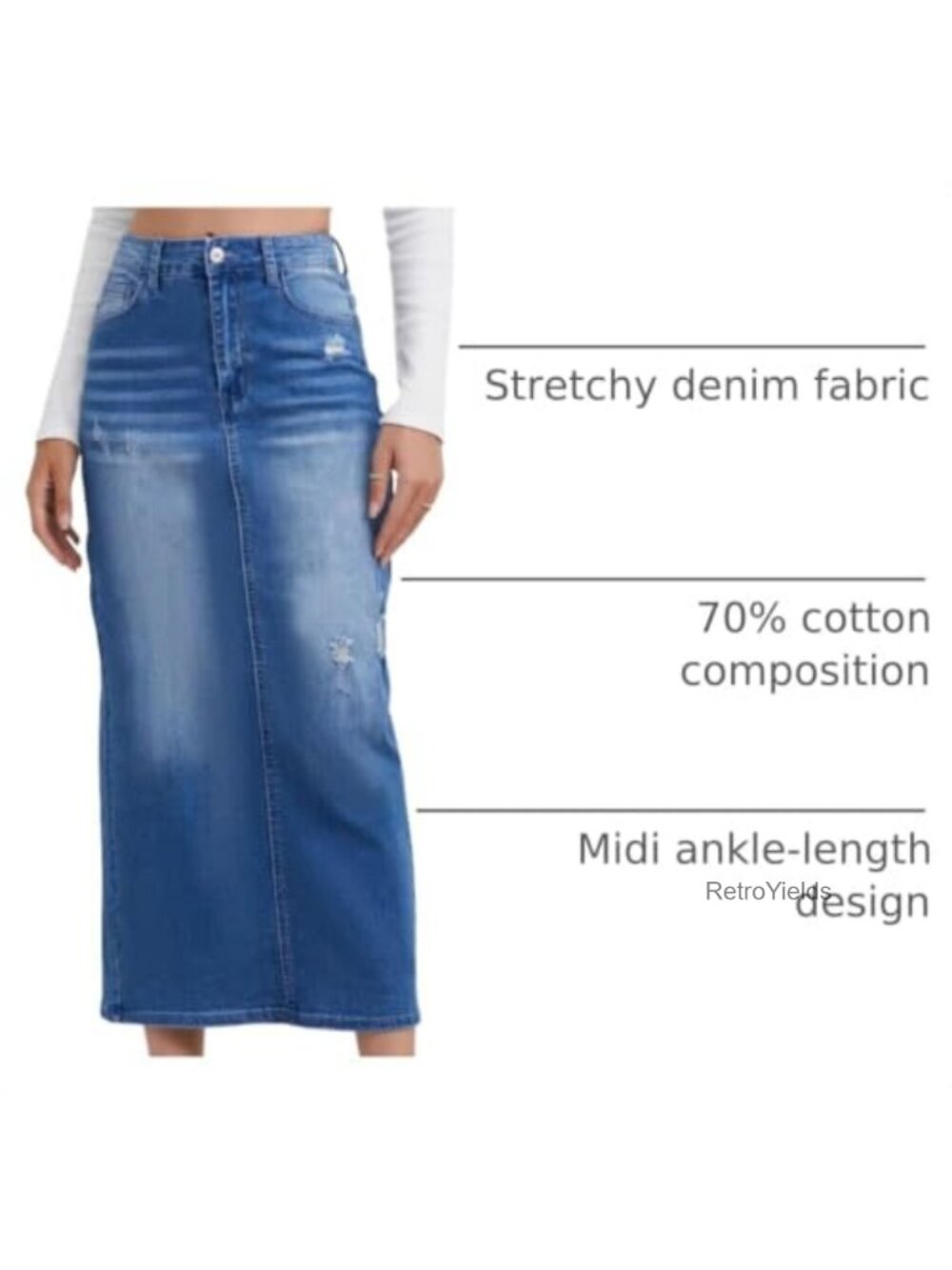 High Waisted Long Denim Skirt Stretch Back Slit Distressed Whisker Wash Midi - Picture 3 of 6